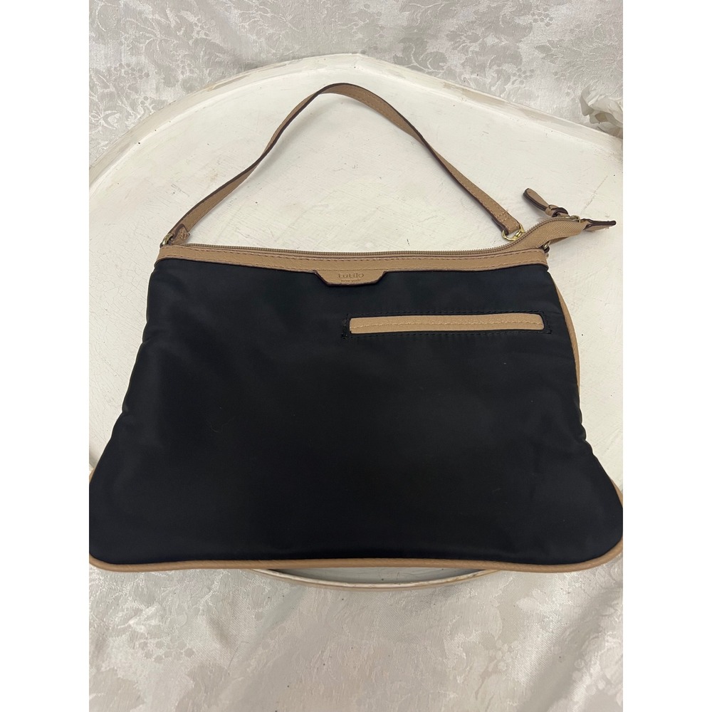 Tutilo New York Black Nylon Tan Trim Shoulder Bag Small Zip Top Handbag